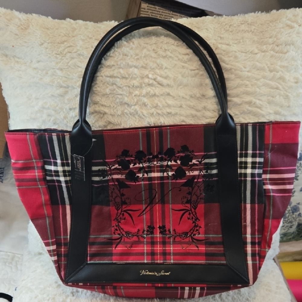 Victoria's Secret Black and Red Plaid Tote Bag NWT